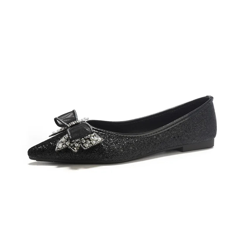 Gold/Silver Bowknot Flats Sparkle Crystal Shoes Elegant Lace Bow Pointed Toe Ballets Moccasins