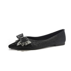 Gold/Silver Bowknot Flats Sparkle Crystal Shoes Elegant Lace Bow Pointed Toe Ballets Moccasins