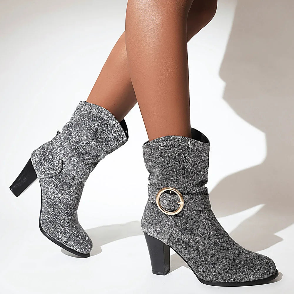 Pointed Toe Square Root Mid-Calf Boots Shiny Buckle Party Shoes Woman