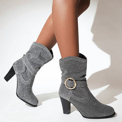 Pointed Toe Square Root Mid-Calf Boots Shiny Buckle Party Shoes Woman