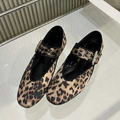 Large Size 43 Round Toe Buckle Strap Flat Shoes Design Style Leopard Print Casual Mule Zapatos De Mujer