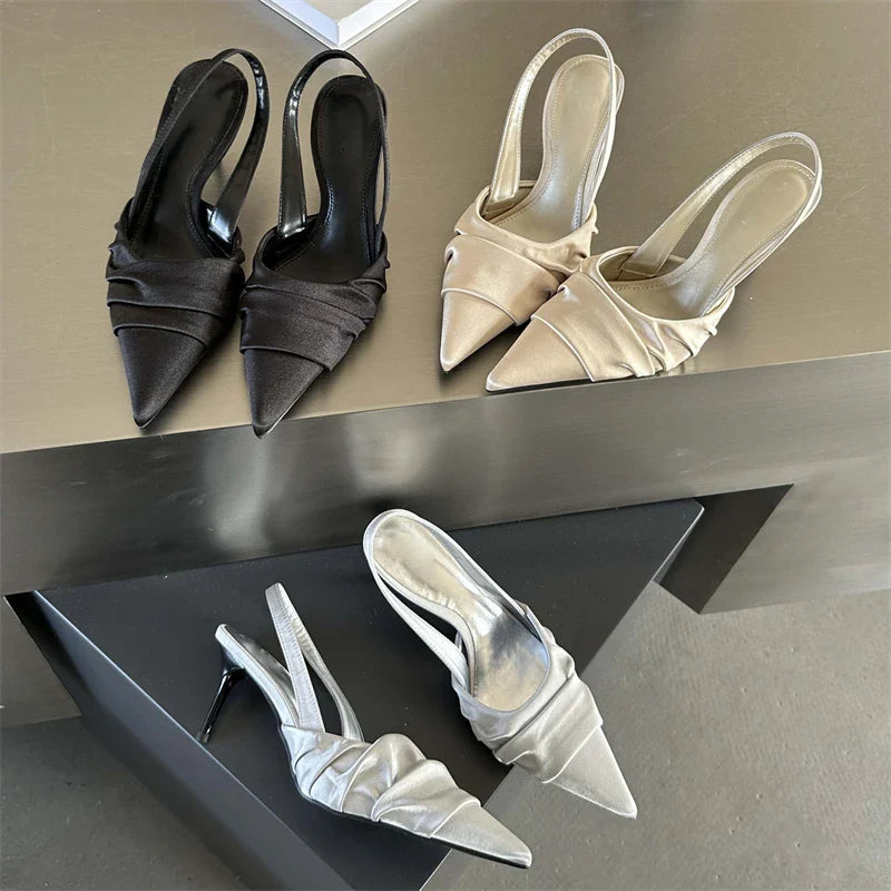 High Quality Satin Pleat Pointed Toe Pumps Slingbacks Thin Heels Shoes Banquet Party Sandals