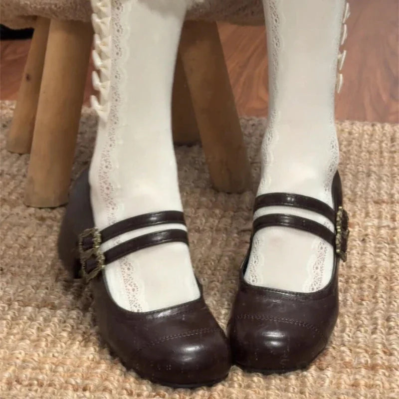 Thick Heel Mary Jane Shoes Metal Buckle Strap Shoes Outdoor Slip On Elegant Dress Pumps