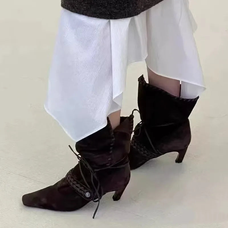 Faux Suede Weave Lace-up Motorcycle Boots High heels Chelsea Western Mid-Calf Short Booties Shoes