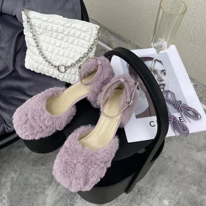 Brand Sandal Furry Elegant Square Low Heel Dress Pumps Shoes Outdoor Slingback Shoes