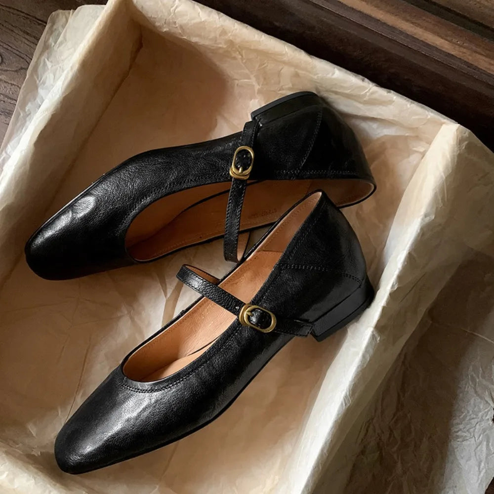 Small Leather Shoes Low-heeled Buckle Pumpss Square Head Two Wear Mary Jane Shoes