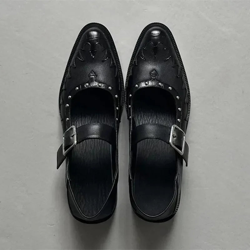 High Quality Leather Shoes Pointed Toe Metal Buckle Mary Jane Shoes