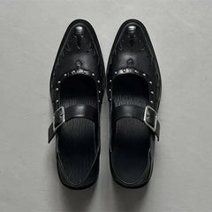 High Quality Leather Shoes Pointed Toe Metal Buckle Mary Jane Shoes