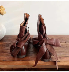 Soft Leather Lace-up Ankle Boots Comfortable Flats Short Booties Bowknot Chelsea Boots Shoes Botas