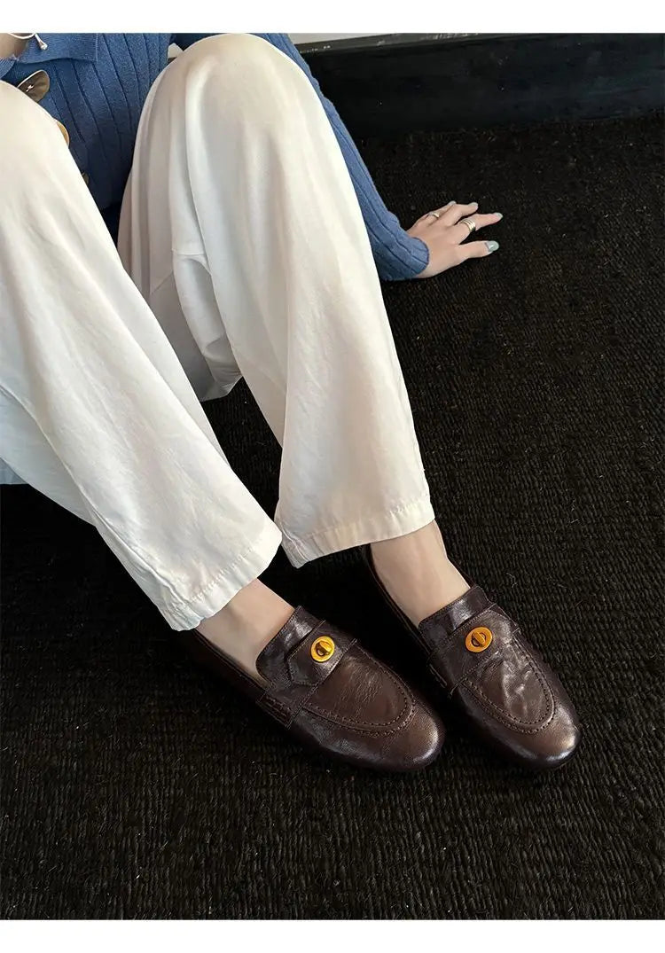 Genuine Calfskin Slip On Round Toe Square Heel Shallow Casual Outdoor Shoes