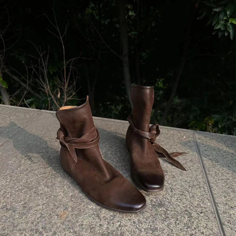 Genuine Leather Butterfly Knot Wrapped Strap Short Ankle Boots Polished Color Distressed Flat Bottomed Bare Shoes