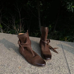 Genuine Leather Butterfly Knot Wrapped Strap Short Ankle Boots Polished Color Distressed Flat Bottomed Bare Shoes