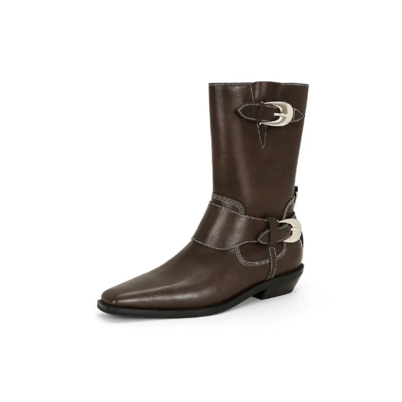 Boots Plush Warm Mid Calf Boots Chelsea Shoes Square Toe Metal Buckle Short Boots