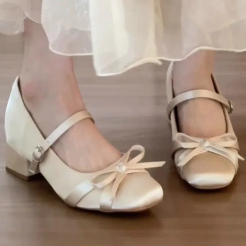 French Bow Thick Heel Single Buckle Mary Jane Shoes