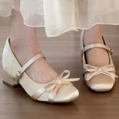 French Bow Thick Heel Single Buckle Mary Jane Shoes
