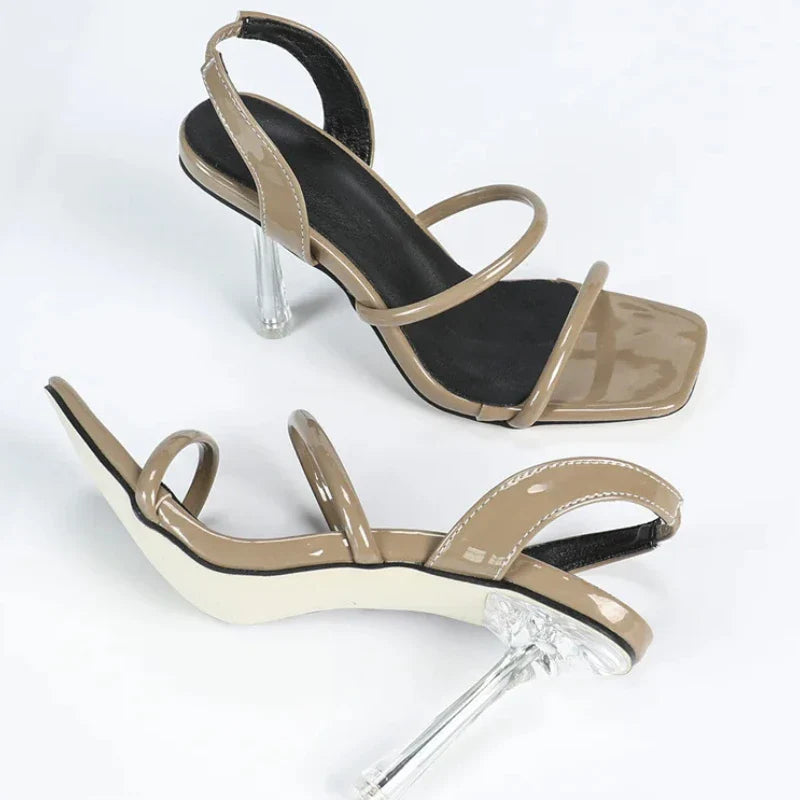 Solid color square Back Strap thin high heel non-slip shoes party open toe