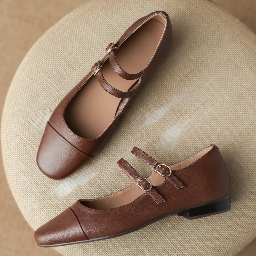 cow leather round toe double metal buckle round toe mary jane flats leisure soft comfortable ballerinas hot