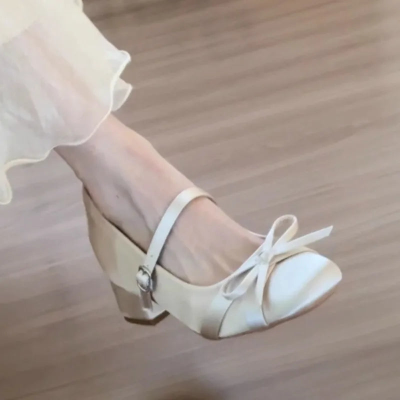 French Bow Thick Heel Single Buckle Mary Jane Shoes