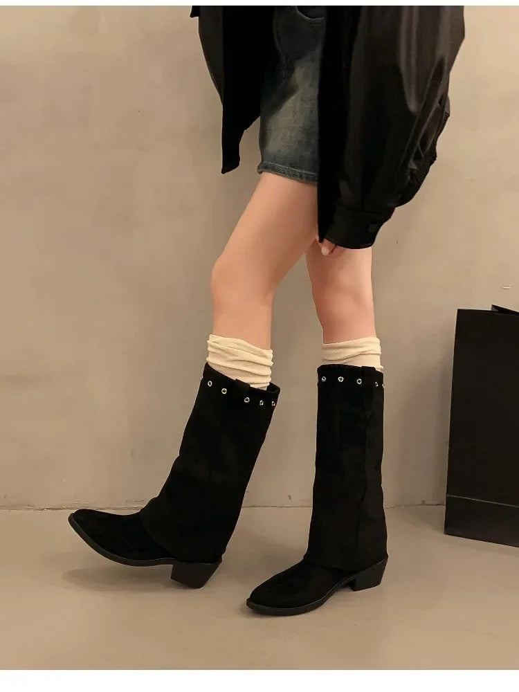 Vintage Thick Heel Western Cowboy Boots Button Combination Splicing Shoes Pipe Long Booties