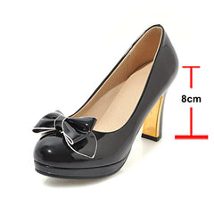 Round Toe Platform Thick High Heels Bow Shallow Wedding Shoes Black Beige 43