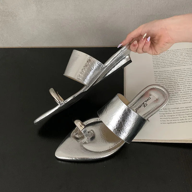 Metal Wedges Slippers Slides Sandals Flip flops Pointed Toe Heeled Slippers Wedges Shoes