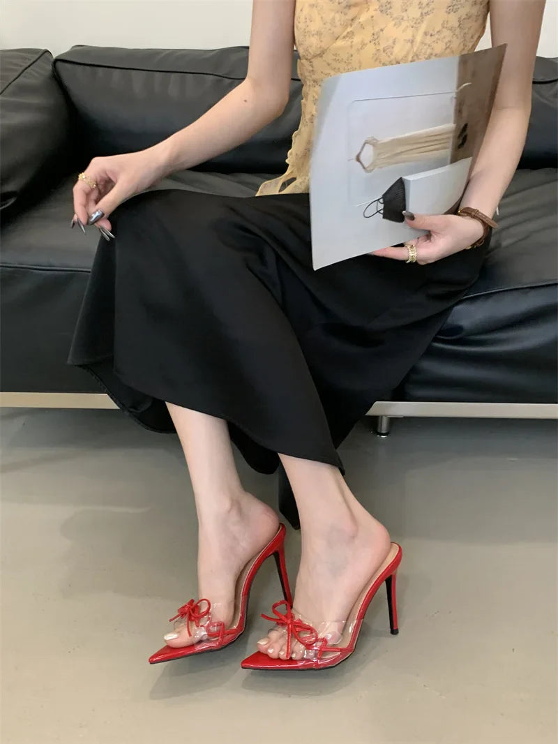 Elegant Pointed Toe Red High Heels Transparent Slippers Leather Bowknot Sandal Party