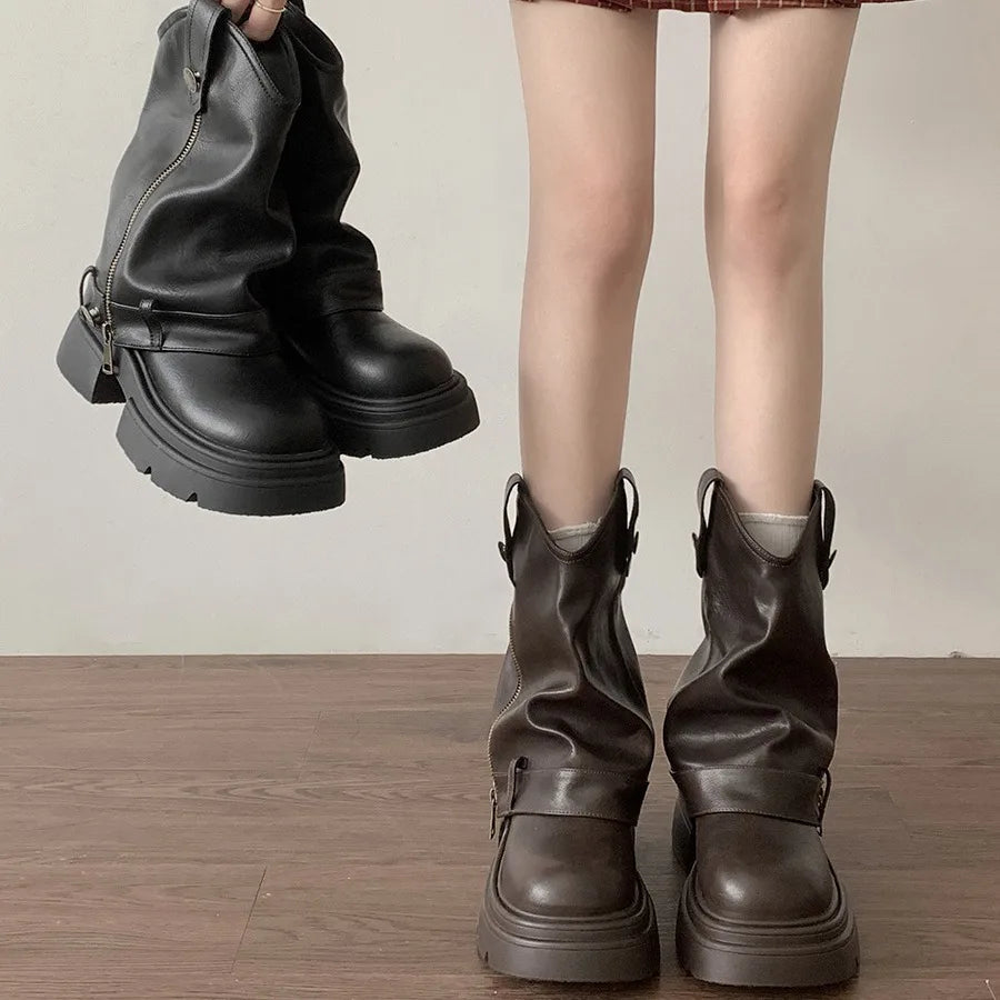 Knee High Boots Western Round Toe Long Boots Western Shoes Chunky Heel Platform