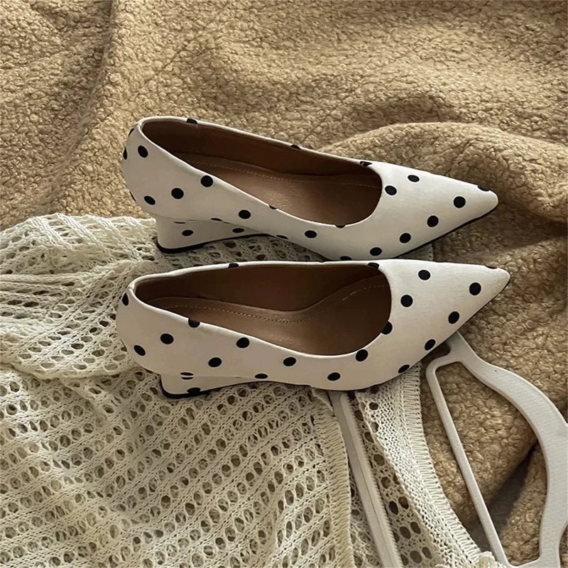 Wedges Heel Mary Jane Shoes Concise Shallow Slip On Shoes Elegant Pointed Toe Dress Polka Dot Pumps