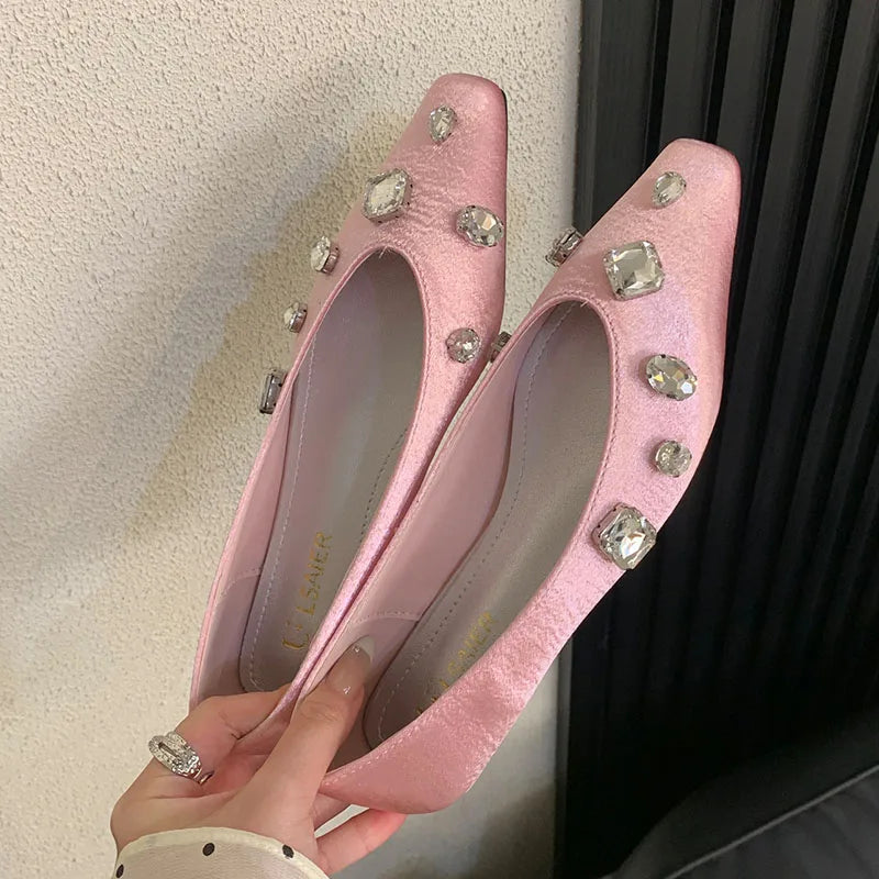 Pink Rhinestones Silk Flats With Shoes Soft Shallow Footwear Crystal Slip On Flats Shoes