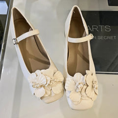 Chunky Heel Flower Mary Jane Shoes Fashions Low Heels Shoes Square Toe Elegant Ballet Shoe Pumps