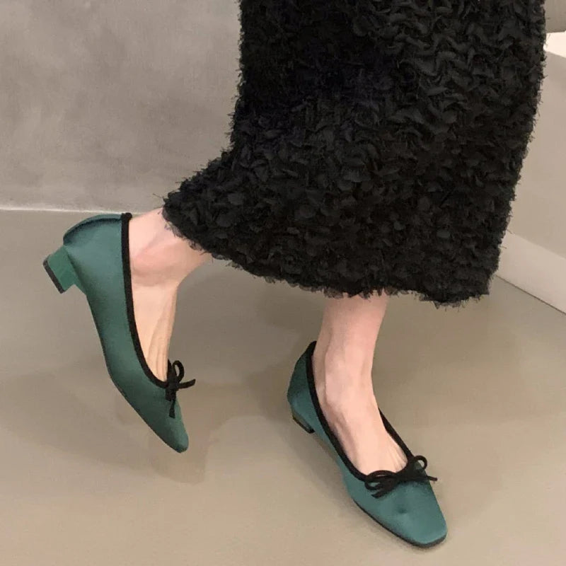 Satin Round Toe Bowknots Flat Shoes Vintage Brand Designe Open Heel Sweet Party Dress Square Heel Loafers