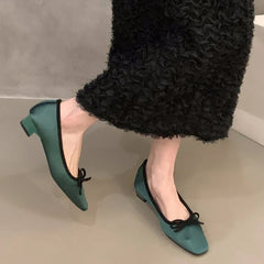 Satin Round Toe Bowknots Flat Shoes Vintage Brand Designe Open Heel Sweet Party Dress Square Heel Loafers
