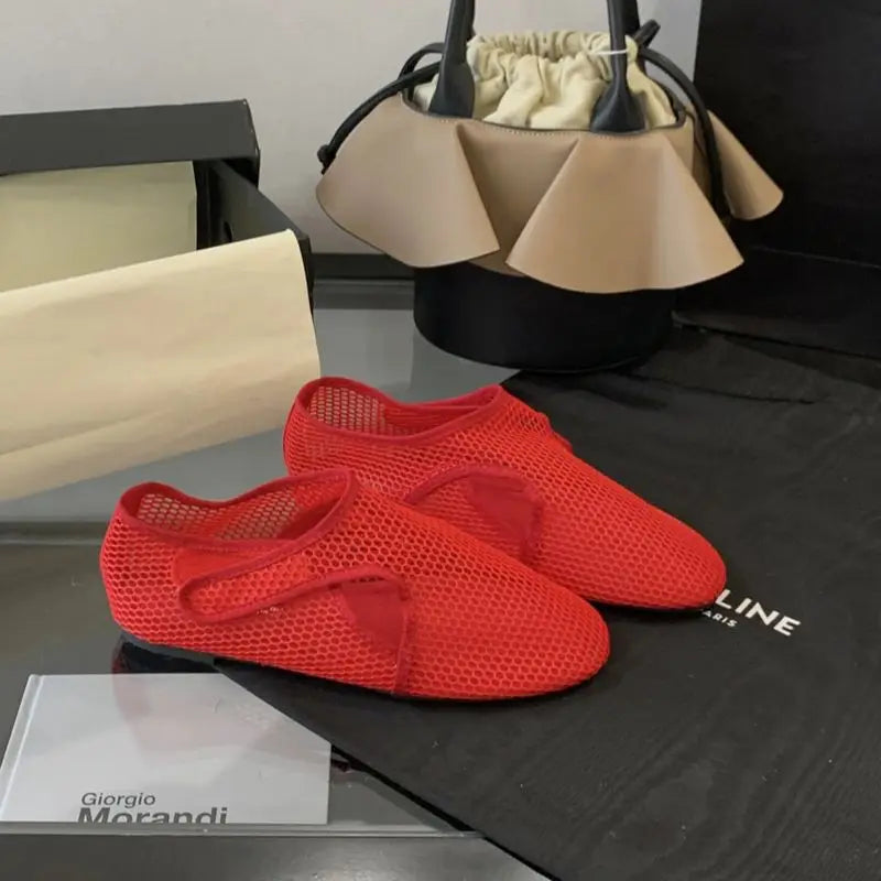 Red Ballet Flats Low Heel Pumps Mesh Mary Jane Shoes Comfort Flat Shoes Black Round Toe Beach