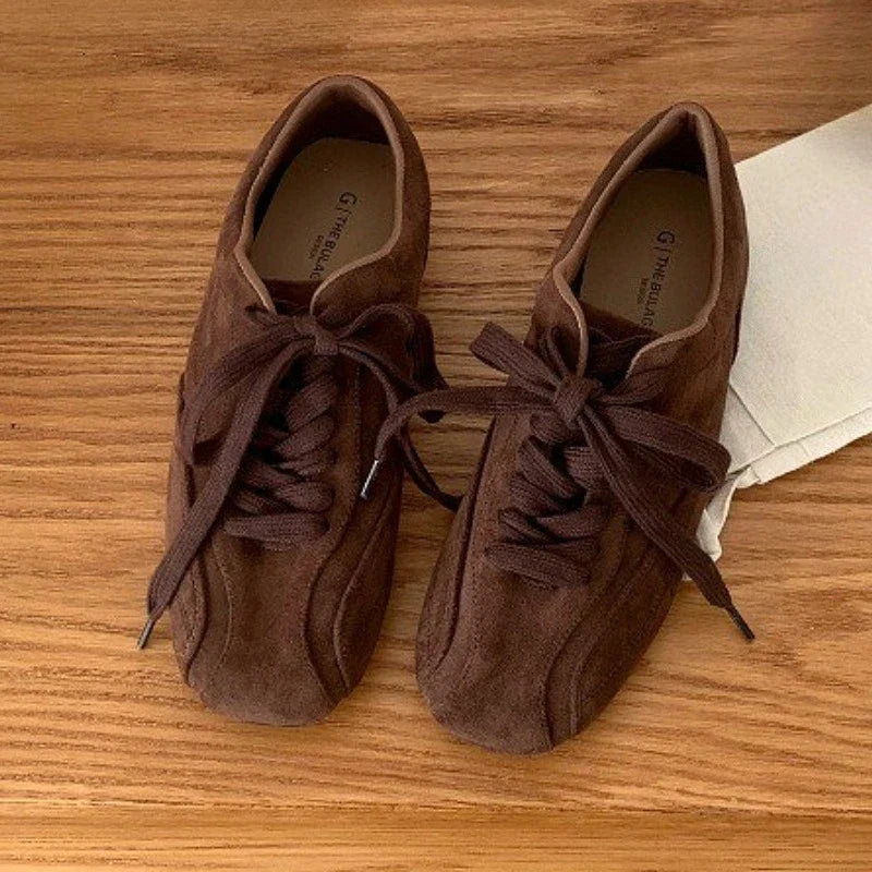 Suede Retro Lace Up Casual Flat Shoes Comfort Shallow Footwear Brown Brand Ballet Sneakers