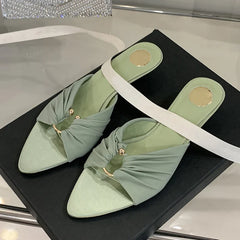 Pleated Silk Hollow Out Metal Buckle Slippers Sandal Pointed Toe Low Thin Heels Beach Party