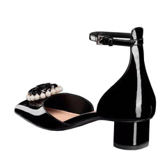 Pearl Flower Mary Jane Shoes High Heels Block Heel Square Toe Patent Leather Square Buckle Singles