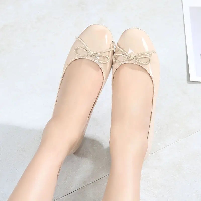 Round Toe Burgundy Cherry Red Ballet Shoes High Low Heel Bow Pumps Low Top Flat Patent Leather Small Red Shoes