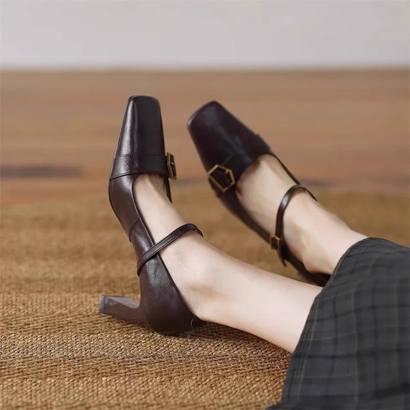 Metal Buckle Decoration Mary Jane Shoes Comfortable Leather High Heels Elegant Chunky Heel Zapatos De Mujer