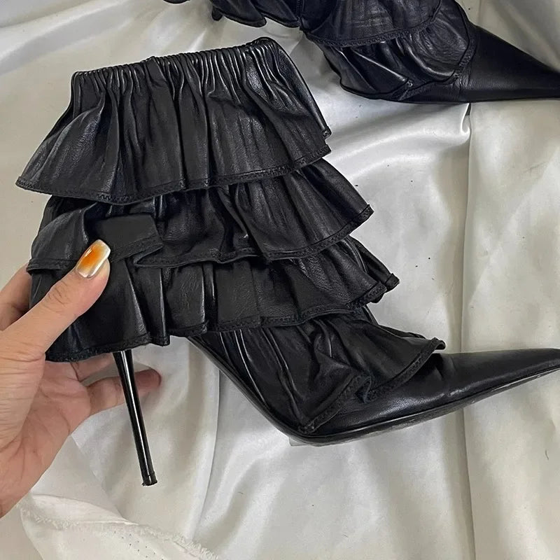 Black Cake Layered Lace Stiletto Ankle Boots Woman Side Zipper Pointed Toe Boots Wedding Shoes