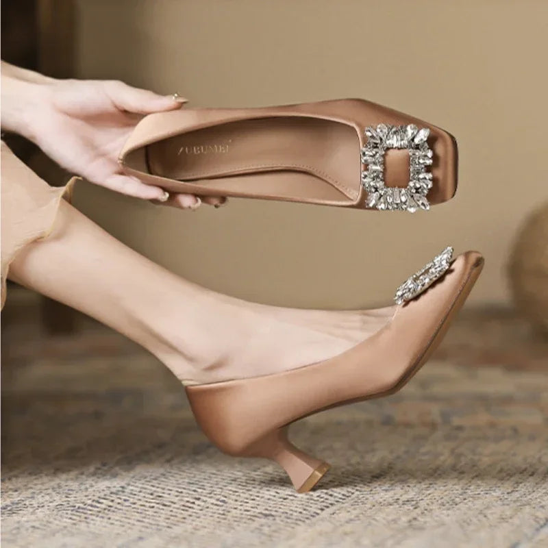 Rhinestone Satin Pumps Square Button Low Heel Office Shoes Elegant Crystal High Heels