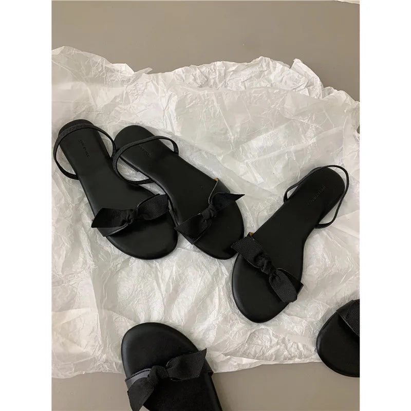 Flat Shoes Low Woman's Slippers Slides Butterfly-Knot Rome Butterfly-knot Rubber Retro Scandals PU H