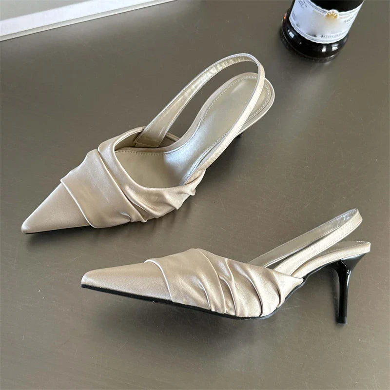 High Quality Satin Pleat Pointed Toe Pumps Slingbacks Thin Heels Shoes Banquet Party Sandals