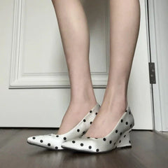 Wedges Heel Mary Jane Shoes Concise Shallow Slip On Shoes Elegant Pointed Toe Dress Polka Dot Pumps