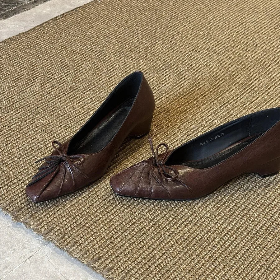 Square Bow Decorative Flat Shoes Leather Pleated Shallow Mouth Loafers Shoes Outdoor Comfortable Shoes