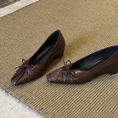 Square Bow Decorative Flat Shoes Leather Pleated Shallow Mouth Loafers Shoes Outdoor Comfortable Shoes