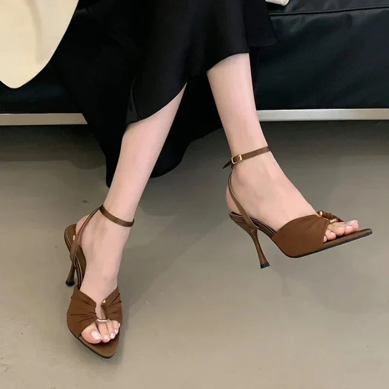 Comfort Hollow Out Metal Buckle Decoration Elegant Satin Ankle Strap Heels Pointed Toe Party Shoes