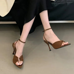 Comfort Hollow Out Metal Buckle Decoration Elegant Satin Ankle Strap Heels Pointed Toe Party Shoes