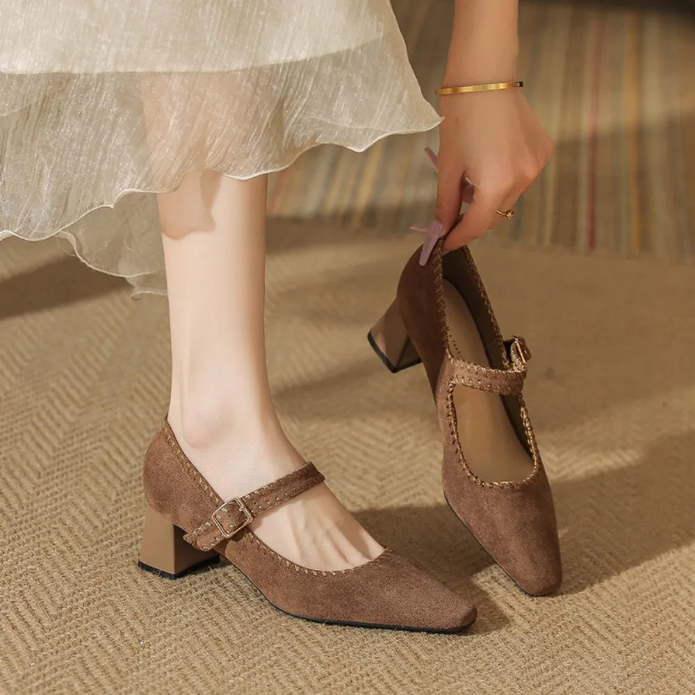 High Heeled One-word Buckle with Light Mouth Pumpss Thick Heel Small Square Head Mary Jane Shoes