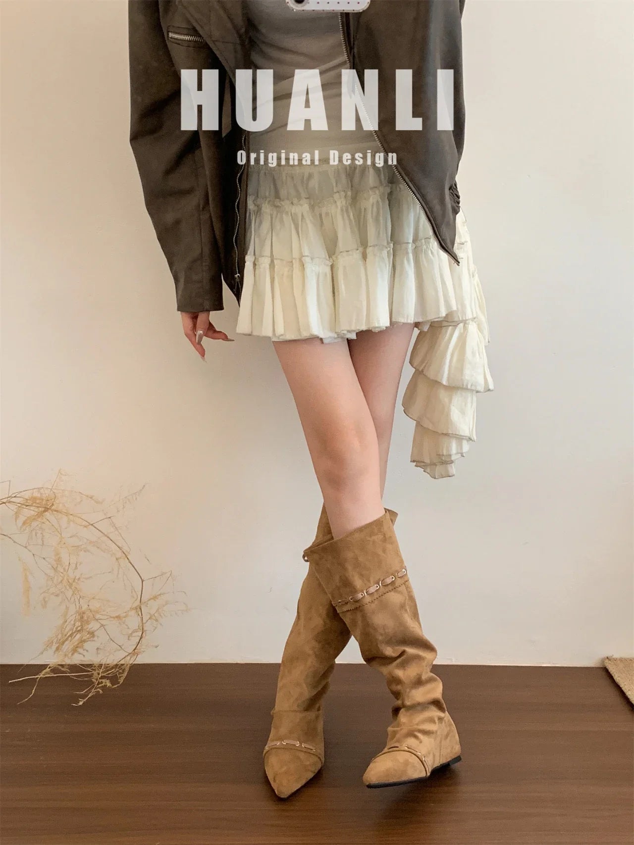 Knee High Boots Pointed Toe Flats Shoes Suede Chelsea Boots Walking Mujer Botas