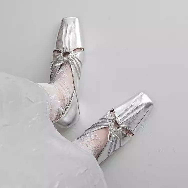 Pleated Hollow Mary Jane Style Shoes with Bow Design Flat Shoes Square Toe Casual Comfortable Outdoors Shoes Fashion
